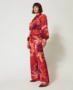 Wide-Leg-Hose Aus Satin Mit Blumendessin
