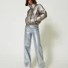 Wide-Leg-Jeans Mit Silberfarbener Beschichtung