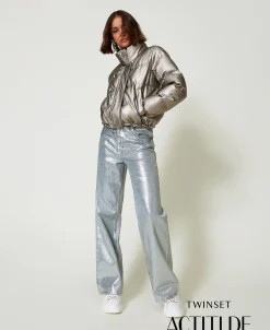 Wide-Leg-Jeans Mit Silberfarbener Beschichtung