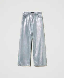 Wide-Leg-Jeans Mit Silberfarbener Beschichtung