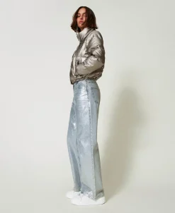 Wide-Leg-Jeans Mit Silberfarbener Beschichtung