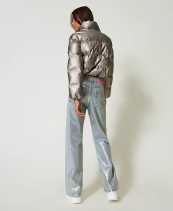 Wide-Leg-Jeans Mit Silberfarbener Beschichtung
