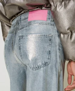 Wide-Leg-Jeans Mit Silberfarbener Beschichtung