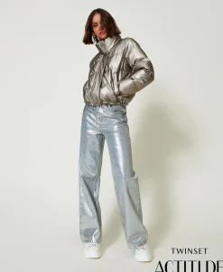 Wide-Leg-Jeans Mit Silberfarbener Beschichtung